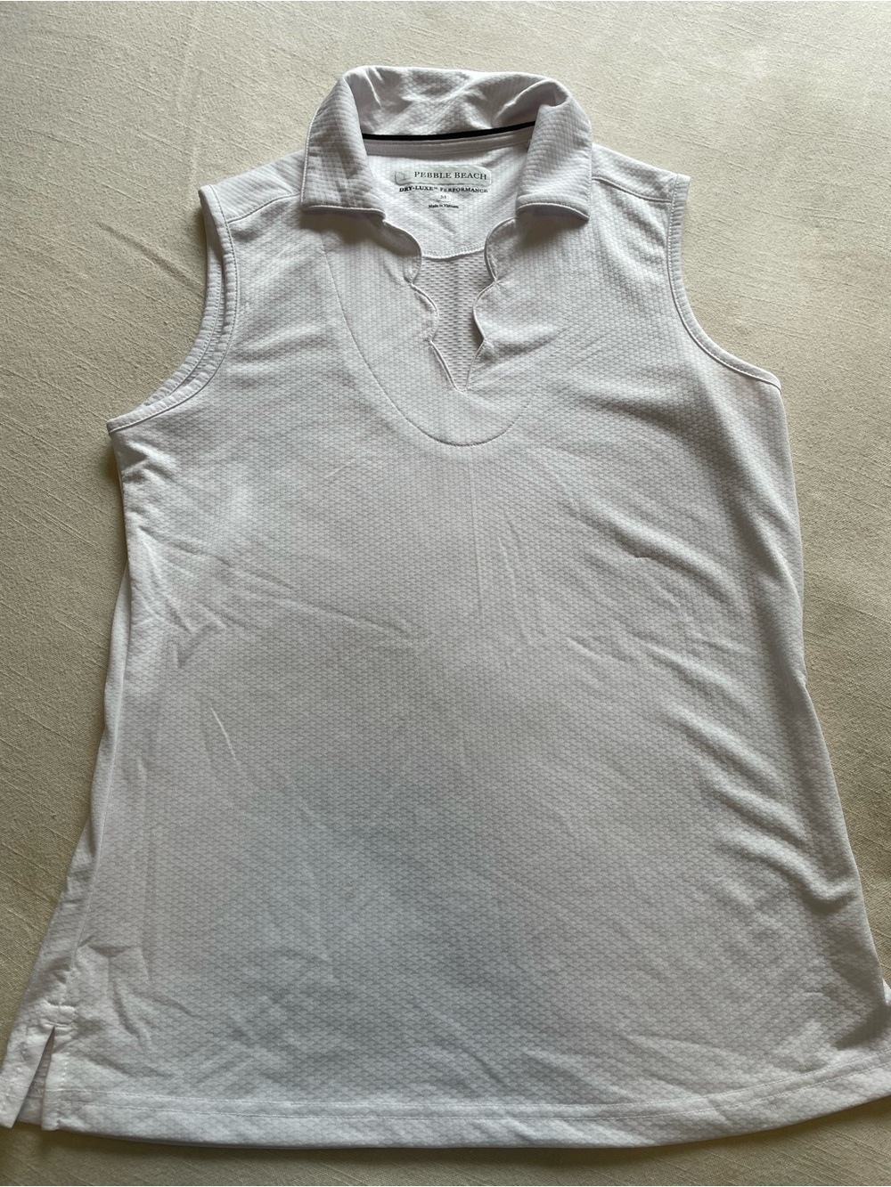 Pebble Beach White Sleeveless Polo with scalloped collar Tank